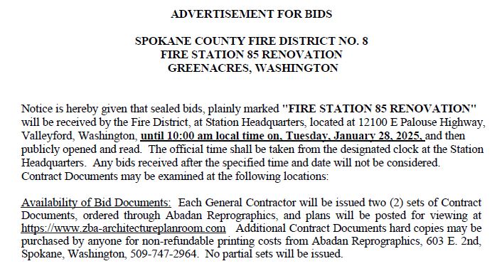 Advertisement For Bids: Fire Station 85 Renovation