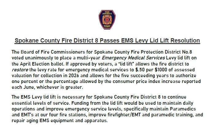 Spokane County Fire District 8 Passes EMS Levy Lid Lift Resolution